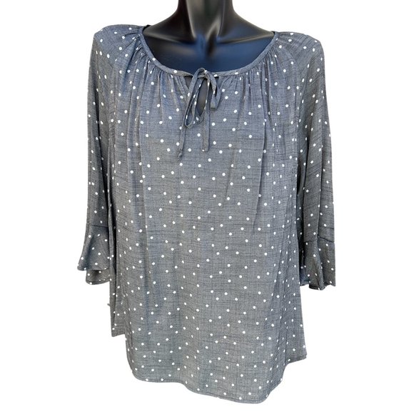 Fred David Ruffle Sleeve Polka Dot Rayon Blend Blouse Top Gray & White Plus 1X - Picture 1 of 9